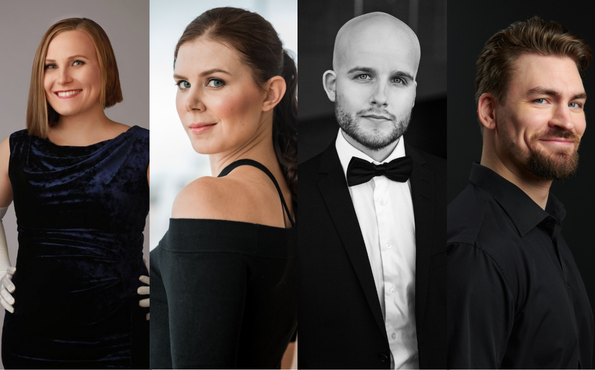 Vasemmalta oikealle: Sopraano Minna-Leena Lahti, altto Pihla Terttunen, tenori Tuomas Miettola ja basso Janne Sihvo.